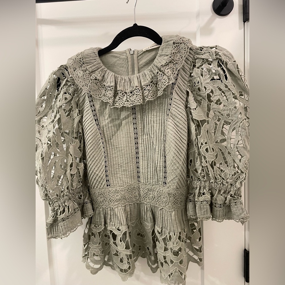 Ulla Johnson Sage Green Eyelet Lace Puff Sleeve Blouse
